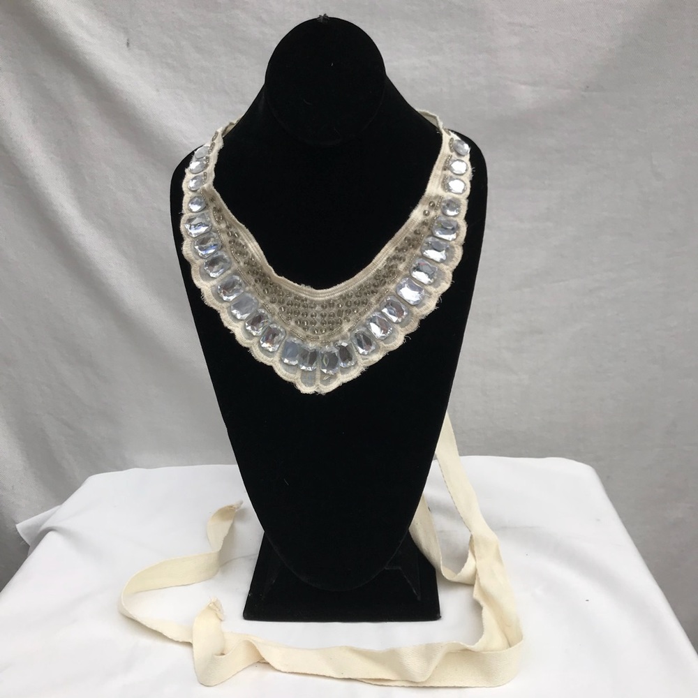 Jewel necklace bib with long cotton ties 34” long